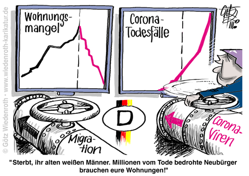 Corona; Virus; SARS-Cov-2; COVID-19; Tod; Todesrate; Pandemie; Exitus; Krankheit; Krankenbett; Steuerzahler; Steueraufkommen; Steuerbedarf; Finanzierung; Migration; Asyl; Immigration; Sozialamt; Welt; Umvolkung; offene; Grenzen; Wohnungsmangel; Mortalitaet; Merkel; Karikatur; 2020, cartoon, caricature