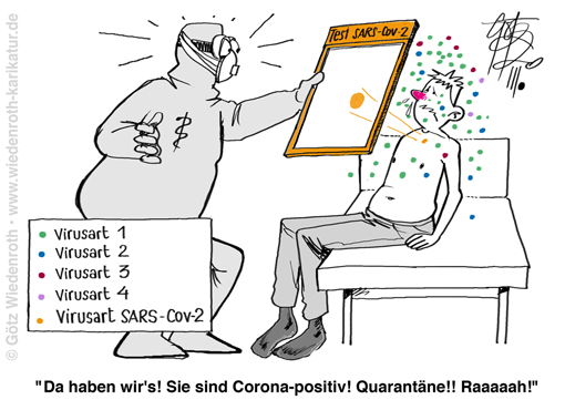 Corona; Virus; SARS-Cov-2; Covid.19; Lungenkrankheit; Grippe; Grippesaison; Test; PCR; Fokus; Ausblenden; Viren; Verzerrung; Fallzahlen; Statistik; Abstrich; Untersuchung; Fehlerquote; Kausalitaet; Korrelation; Virologie; Epidemiologie; Pandemie; Karikatur; 2020, cartoon, caricature