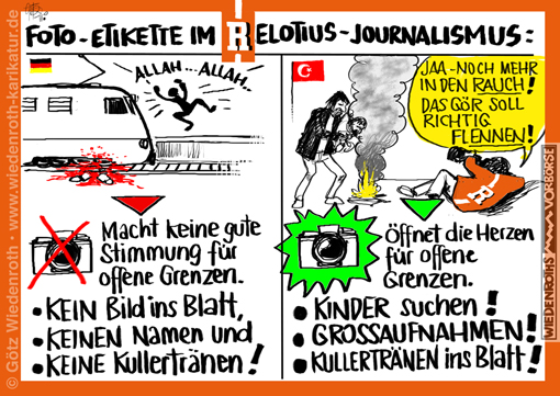 Journalismus; Medien; Bildauswahl; Kinder; weinen; Traenen; offene; Grenzen; Fluechtlinge; Propaganda; Doppelmoral; Bahnsteigmord; Gleismord; Rauch; halten; Traenen; Tuerkei; Griechenland; Luegenpresse; Lueckenpresse; Lumpenpresse; Qualitaetspresse; Qualitaetsmedien; Relotius; Kampfpresse; Linke; Dummlinke; Agitation; Gleichschaltung; Regierungspresse; Pressefreiheit; Karikatur; 2020; cartoon; Germany; Allemagne