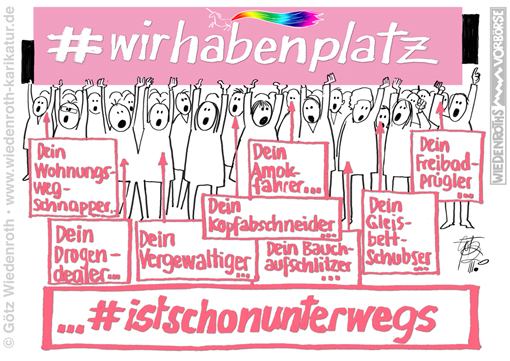 Immigration; offene; Grenzen; Fluechtlinge; Schutzsuchende; Schatzsuchende; Sozialstaat; Umvolkung; Transformation; Ideologie; Neue; Weltordnung; Abschaffung; Rechtsstaat; Unrechtsstaat; Staatsstreich; Hirnwaesche; Multikulturalismus; Wertekanon; Kriminalitaet; Migrantengewalt; Dummlinke; Verbohrtheit; Ideologie; Realitaet; Verweigerung; Karikatur; 2020; cartoon; Germany; Allemagne