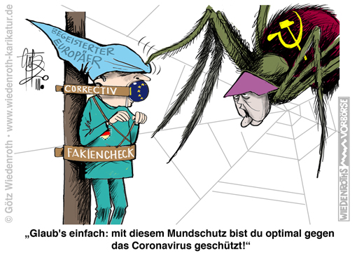 Merkel. Propaganda; Zensur; Unterdrueckung; falsche; Meinung; correctiv; privatisiert; Zensur; NGO; Soros; Dressur; Nudging; Sperrung; Loeschung; Facebook; Twitter; Sozialismus; Verherrlichung; NWO; Europa; Antinationalismus; Hetze; Hass; Knebel; Maulkorb; Corona; Mundschutz; Atemmaske; Karikatur; 2020; cartoon; Germany; Allemagne