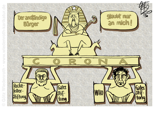 International Association of National Public Health Institutes; IANPHI; Corona; Seuche; SARS-Cov-2; Virus; Ideologie; Covid-19; Rockefeller; Gates; Stiftung; Pharma; Konzern; Gewinninteresse; Propaganda; Grundrechte; Einschraenkung; Abschaffung; Merkel; Wieler; Drosten; Karikatur; 2020, cartoon, caricature