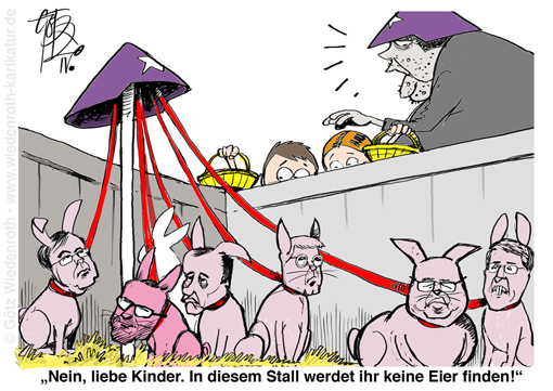 Partei; CDU; Macht; Funktionaere; Merkel; Laschet; Spahn; Merz; Roettgen; Altmaier; Guenther; Gehorsam; Ideologie; Karriere; Stromlinienform; Unterwuerfigkeit; Ideenlosigkeit; Demokratie; Dekadenz; Niedergang; Deutschland; Ostern; Hase; Eier; Karikatur; 2020, cartoon, caricature