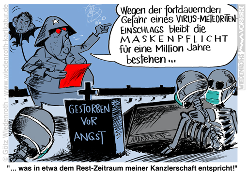 SARS-Cov-2; Covid-19; Corona; Merkel; Starrsinn; Oeffnungsdiskussionsorgien; Pandemie; Angst; Panik; Mundschutz; Maskenpflicht; nutzlos; sinnlos; Staatsglaube; Gehorsam; Tote; Mortalitaet; Trauma; Drosten; Friedhof; Ausnahmezustand; zweite; Welle; Angstmache; PAnikmache; Rettung; Infektion; Inszenierung; Staat; Rechtsstaat; Unrechtsstaat; Karikatur; 2020; cartoon; Germany; Allemagne