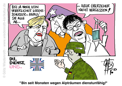 Bundeswehr; Bundestag; Wehrbeauftragter; Hoegl; Partei; Karriere; AKK; Kramp-Karrenbauer; Merkel; Abtreibung; Lebensschuetzer; widerlich; Zitat; Karikatur; 2020, cartoon, caricature