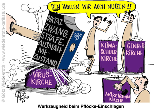 SARS-Cov-2; Covid-19; Pandemie; Virus; Corona; Grundrechte; Abschaffung; Panik; Bussgeld; Strafe; Zwang; Tracking; App; Ueberwachung; Ausnahmezustand; Transofrmation; Grundgesetz; Diktatur; Angst; Freiheit; Sicherheit; Sozialismus; Dummlinke; Gender; Abtreibung; Bequemlichkeit; Klimaschutz; Klimaschuld; Karikatur; 2020, cartoon, caricature