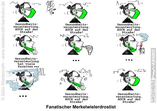 Corona; SARS-Cov-2; Pandemie; Covid-19; Propaganda; Alarmismus; Transformation; Vehikel; Sozialismus; Maskenpflicht; Atemmaske; Schutzmaske; Alltagsmaske; Tabak; Zigarette; rauchen; Lunge; Gesundheit; Schutz; Idiotie; Idioten; Merkel; Wieler; Drosten; Machtpolitik; Unterwerfung; Gehorsam; Dogmatismus; Karikatur; 2020; cartoon; Germany; Allemagne