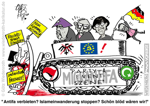 Terror; Antifa; Migration; Mob; Randale; Krawalle; Pluenderung; Stuttgart; Islam; Einwanderung; Merkel; Schaeuble; Esken; Maas; Steuern; Finanzierung; Niederschlagung; Opposition; Unterdrueckung; Verbotsantrag; AfD; Party; Event; Szene; Vertuschung; Verschleierung; politischer; Kampf; Karikatur; 2020; cartoon; Germany; Allemagne