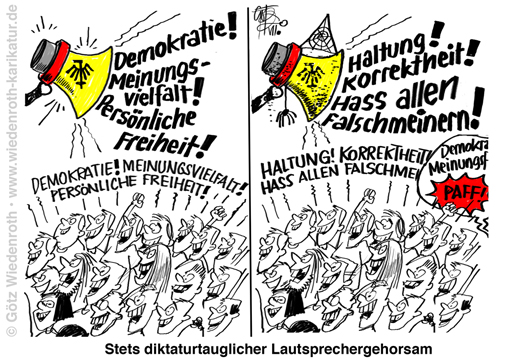 Rechtsstaat; Unrechtsstaat; Demokratie; Skepsis; Masse; Psychologie; Propaganda; Hammelherde; Parole; Dummlinke; Ideologie; Gesinnung; Haltung; Linientreue; Kollektiv; Gleichschaltung; Egalitarismus; Regierung; Medien; Luegenpresse; Qualitaetspresse; Freiheit; FDGO; Grundrechte; Grundgesetz; Hass; Hasssrede; Kriminalisierung; Gegner; Marxismus; Karikatur; 2020, cartoon, caricature