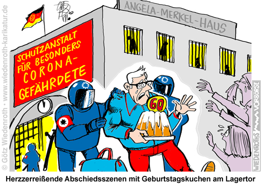 Corona; Virus; SARS-Cov-2; Covid-19; Schwindel; Betrug; Pandemie; Staatskriminalitaet; Unrechtsstaat; Schutzhaft; Alte; Aeltere; Menschen; Gefaehrdete; einsperren; wegsperren; Willkuer; Diktatur; Zwangstest; Zwangsimpfung; Impfzwang; Karikatur; 2020; cartoon; Germany; Allemagne