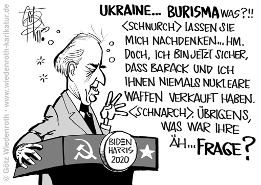 USA; Wahlkampf; Praesidentschaft; Trump; Biden; Senilitaet; Demenz; Rede; TV-Duell; Demokratie; Briefwahl; Manipulation; Ukraine; Burisma; Schokin; Korruption; Vetternwirtschaft; Bestechung; Luege; Karikatur; 2020, cartoon, caricature