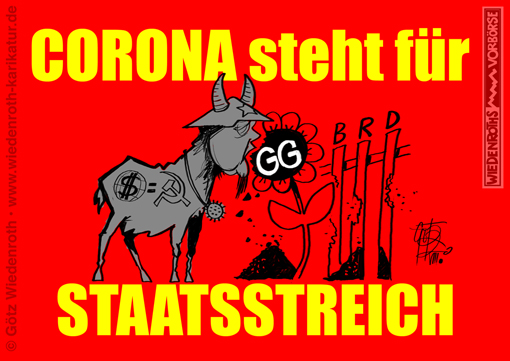 Corona; Virus; SARS-Cov-2; Covid-19; Merkel; Staatsstreich; Umsturz; Abschaffung; Grundrechte; Abwehrrechte; Staat; Buerger; Kollektivismus; Freiheit; Befehl; Kommandostaat; Nannystaat; Bevormundung; Sozialismus; Diktatur; Vorwand; Dummlinke; Gesinnung; Gehorsam; Karikatur; 2020; cartoon; Germany; Allemagne