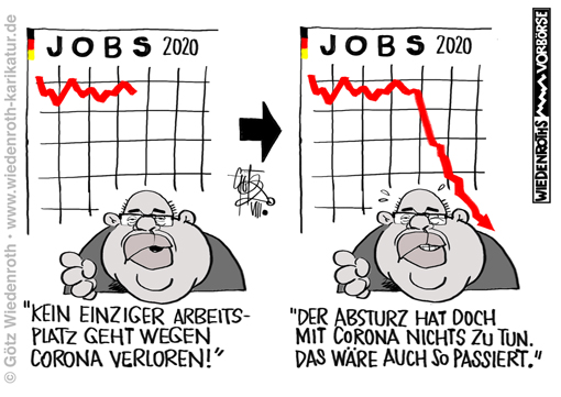 Corona; SARS-Cov-2; Covid-19; Luege; Propaganda; Angst; Panik; Macht; Herrschaft; Gesinnung; Gehorsam; gehorchen; Peter; Altmaier; Arbeitsplaetze; Jobs; Verlust; Insolvenz; Pleite; Konkurs; Arbeitslosigkeit; Prognose; Vorhersage; Schein; Taeuschung; Betrug; Manipulation; Psychologie; Massen; Karikatur; 2020; cartoon; Germany; Allemagne