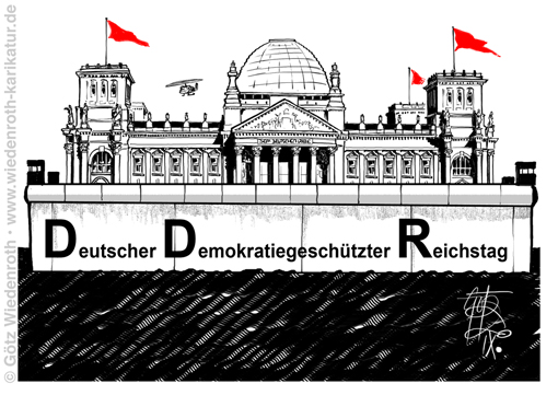 Berlin; Reichstag; Sturm; stuermen; Demonstration; angemeldet; Treppe; Graben; Mauer; Schutz; Demikratie; Parlament; Abnickverein; Abnicker; Jasager; Abschirmung; Intransparenz; Angst; Gewissen; Karikatur; 2020, cartoon, caricature