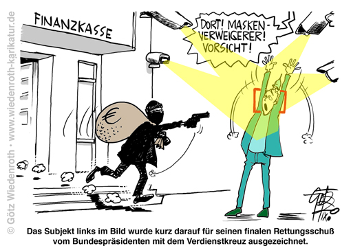 Corona; Maskenpflicht; Massnahme; Angst; Panik; Pandemie; Seuche; Dogma; Diktatur; Hygiene; Kamera; Kriminalisierung; Kriminalitaet; Karikatur; 2020, cartoon, caricature