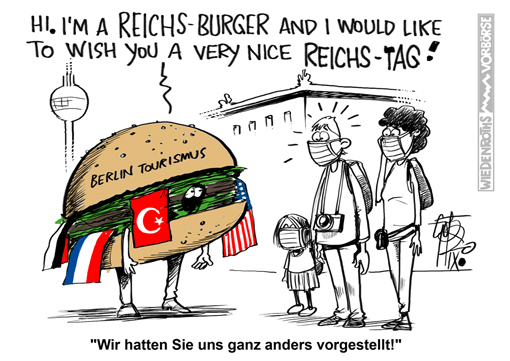 Reichstag; Reichsbuerger; Verdacht; Maerchen; Hetzjagden; Chemnitz; Sturm; Reichstag; Propaganda; Umsturz; Staatsstreich; Luege; Rechtsstaat; Unrechtsstaat; Karikatur; 2020; cartoon; Germany; Allemagne