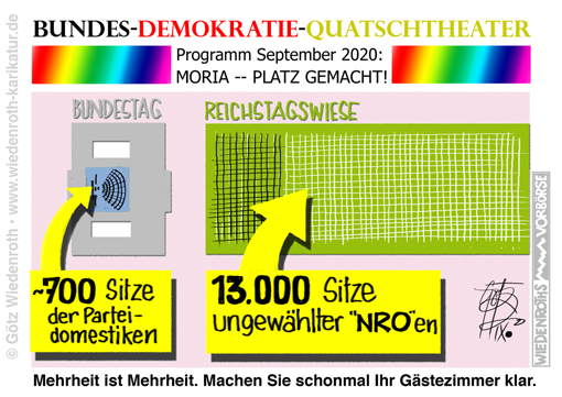 Demokratie; Einwanderung; Immigration; Moria; Lager; Fluechtlinge; Refugees; 13.000; wir; haben; platz; Voelkerwanderung; Umvolkung; Austausch; Metissage; Rassenmischung; Einheitsbevoelkerung; Europa; EUdSSR; NWO; Reichstag; Berlin; Bundestag; Reichstagswiese; Stuehle; NGO; Nichtregierungsorganisation; Legitimation; Mehrheit; Wahlen; Abstimmungen; Grundgesetz; Rechtsstaat; Unrechtsstaat; Karikatur; 2020; cartoon; Germany; Allemagne