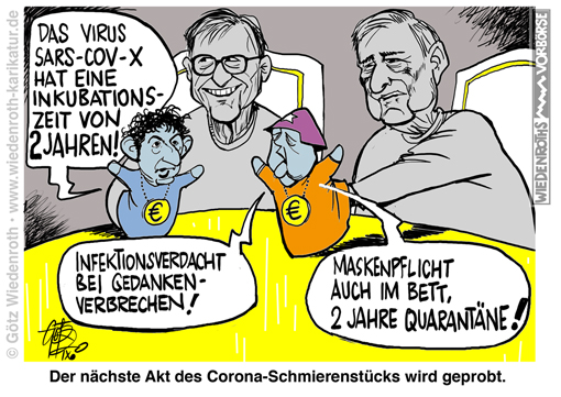 Corona; Panik; Drosten; Merkel; Gates; Soros; Pandemie; Plandemie; Bundesregierung; Finanzierung; Spende; Geld; Impfen; Impfstoff; Dogma; Inszenierung; Superreiche; Marionette; Handpuppe; Karikatur; 2020; cartoon; Germany; Allemagne