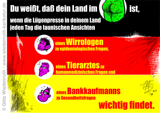 Corona; Pandemie; Propaganda; Covid-19; Panikmache; Spahn; Drosten; Wieler; RKI; Festlegung; Risikogebiet; Geheimwissenschaft; Hohepriester; Willkuer; Virologe; Tierarzt; Bankkaufmann; Wissenschaft; Knechte; Auftragsforscher; Regierung; Freiheit; Verlust; Einigkeit; Unrecht; Luegenpresse; Wichtigkeit; Tellerrand; Weltsicht; Perspektive; Paradigma; Dogma; Karikatur; 2020 cartoon, caricature