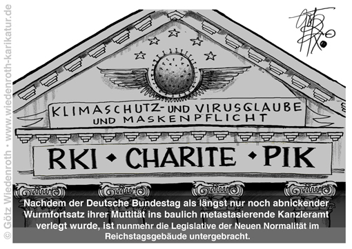 Europa; EU; Buerokratie; Parlamentarismus; Hymne; Hofmann von Fallersleben; Deutschland ueber alles; Demokratie; freiheitlich; demokratische; Grundordnung; Rechtsbruch; Gesetzesbruch; Vertragsbruch; illegal; Bailout; Anleihen; Ankauf; EZB; Draghi; Merkel; Corona; Legislatve; RKI; Drosten; PIK; Potsdam; Institut; Rechtssetzung; Hohepriestertum; Bundeskanzlerin; Reichstag; Giebeldreieck; Widmung; dem deutschen volke; Karriere; Privilegien; Parteien; Abgeordnete; Mandat; verlaengern; Redeverbot; Pleitegeier; Maskenpflicht; Klimaschutz; Virus; Glaube; Wiedenroth; Karikatur; caricature; cartoon; Germany; Allemagne. 2020; cartoon, caricature