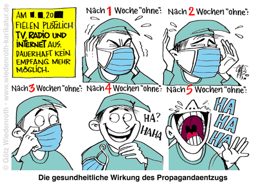 Corona; Pandemie; Panik; Propaganda; Fernsehen; TV; Radio; Internet; Medien; Beschallung; Angst; Denken; Gehorsam; Haltung; Dogma; Ideologie; Befreiung; Karikatur; 2020; cartoon, caricature