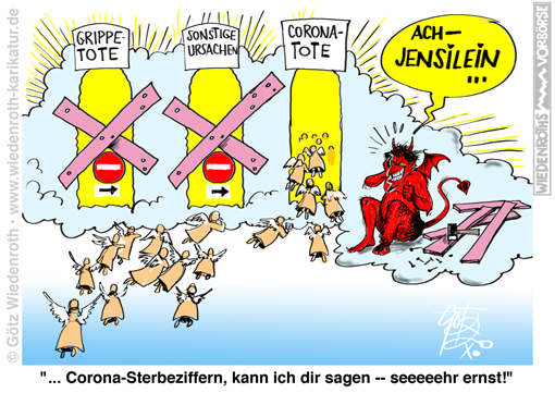 Corona; Pandemie; Propaganda; Mortalitaet; Quote; Zaehlweise; mit; an; Obduktion; Verbot; RKI; Grippe; Todesursache; Schwindel; Schmu; Zurechnung; Panik; Angst; Angstmache; Transformation; Diktatur; Karikatur; 2020; cartoon; Germany; Allemagne