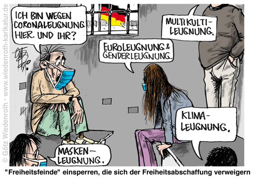 Ideologie; Dogma; Religion; Strafrecht; strafbar; Abweichung; Abweichler; Dissidenten; Leugnung; Corona; Klimaschutz; Klimaschuld; Maskenzwang; Gender; Multikulti; Immigration; Einwanderung; heilige; Kuehe; Dummlinke; Marxismus; einsperren; Haft; Haftstrafe; Unterdrueckung; Freiheit; Heuchelei; Abschaffung; Freiheitsfeinde; Demokratiefeinde; Zelle; Knast; Gefaengnis; Karikatur; 2020; cartoon, caricature