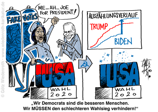 USA; Wahl; Biden; Harris; Trump; Pence; Stimmen; Auszaehlung; Manipulation; Injektion; Briefwahlstimmen; Briefwaehler; Geisterstimmen; Stimmzettel; Pakete; Betrug; Zaehlung; Michigan; Wisconsin; Pennsylvania; Gouverneur; Democrats; Wahlhelfer; parteilich; election; steal; fake; votes; Sprung; Kurve; Tricks; Moral; Gutmenschen; Sozialisten; Kommunisten; Karikatur; 2020; cartoon, caricature