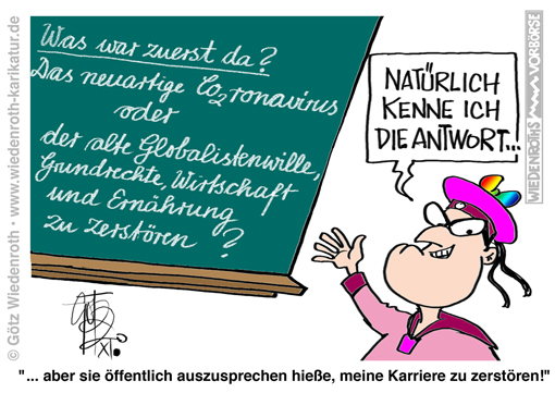 Corona; Pandemie; Propaganda; CO2; Klimaschutz; Klimawahn; Angst; Panik; Transformation; Great; Reset; Armut; Hunger; Wirtschaft; Zerstoerung; Industrie; Einkommen; Wohlfahrt; Verlust; Spahn; Globalismus; WEF; Bilderberg; Demokratie; Farce; Karikatur; 2020; cartoon; Germany; Allemagne