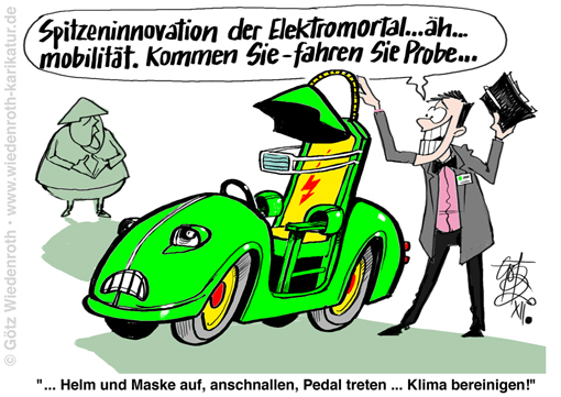 Verkehrswende; Mobilitaetswende; Elektromobilitaet; Dogma; Fimmel; Wahn; Klimaschutz; Popanz; Propaganda; Akku; brandgefaehrlich; Brandgefahr; Akku; elektrischer; Stuhl; Verkauf; Argument; Verlaeufer; Elektroauto; Elektrizitaet; Strom; Energie; gruen; Oekosozialismus; Merkel; Karikatur; 2020; cartoon, caricature