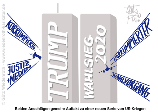 USA; Trump; Biden; Wahl; Wahlfaelschung; Great; Reset; Neustart; Neue; Weltordnung; Weltregierung; Wahlsieg; Manipulation; rigged; election; WTC; Twin; Towers; 2001; New York; Krieg; Afghanistan; Irak; Imperialismus; Korruption; Justiz; Medien; Luegenpresse; Wahlmaschinen; Dominion; stuffed; ballots; Briefwahl; Wahlantrag; Wahlteilnehmer; Stimmen; Faelschung; parteilich; Auszaehlung; Karikatur; 2020; cartoon, caricature