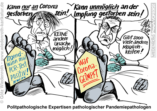 Corona; Pandemie; Propaganda; Impfung; Impfstoff; PCR-Test; Tote; Zaehlung; Ursache; Todesursache; Statistik; Wieler; Lauterbach; Panik; Angst; Ideologie; Dogma; Glaube; Gesinnung; Gehorsam; Karikatur; 2020, cartoon, caricature