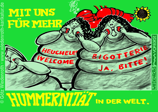 Gruene; Heuchelei; Doppelmoral; hypocrisy; hypocrit; Gallina; Osterburg; Malta; Humanitaet; humanitaer; Boot; Fluechtlinge; Hummer; Dinner; Hamburg; Justizsenatorin; Fegebank; Ferrari; Lang; Ernaehrung; Moral; Karikatur; 2020, cartoon, caricature