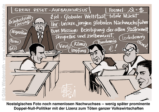 Politik; Nachwuchs; Karriere; Soeder; Macron; Kurz; Spahn; Foundation; Council; Fund; WEF; Forum; young; global; leaders; Drill; Ideologie; Gehorsam; Zoegling; Ausbildung; Schueler; Karikatur; 2021; cartoon, caricature