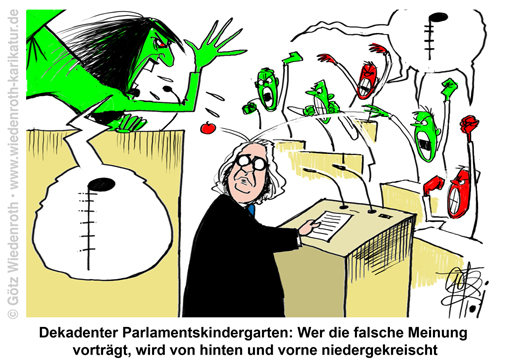 Demokratie; Parlamentarismus; Debatte; Kutlur; Wettbewerb Ideen; Dogma. Korrektheit; Nebengesetzgebung; Ideologie; Dummlinke; Gutmenschentum; Zwischenruf; Sitzung; Leitung; Geschaeftsordnung; Aras; Fiechtner; Landtag; Baden-Wuerttemberg; Stuttgart; Karikatur; 2021; cartoon, caricature