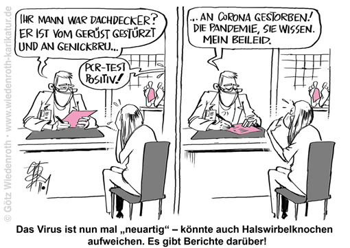 Corona; Pandemie; Propaganda; Todesursache; Totenschein; Faelschung; PCR; Test; Willkuer; Panik; Angst; Gehorsam; Impfung; Covid; Ente; Fake; News; Tatarenmeldung; Karikatur; 2021; cartoon, caricature