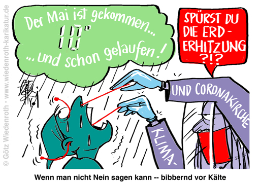 Corona; Pandemie; Propaganda; Klima; Schuld; Angst; Dummlinke; Schnelltest; PCR; Test; Teststaebchen; Nase; Rachen; Impfung; Versuchskaninchen; Guinea; Pig; KAelte; Hitze; Erderhitzung; Narrativ; Maerchen; Luege; Gesinnungsgehorrsam; Karikatur; 2021; cartoon, caricature