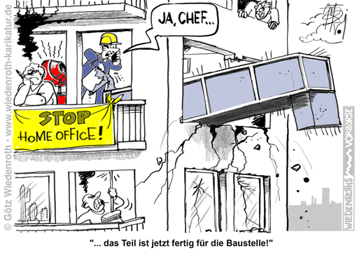 Corona; Pandemie; Propaganda; Homeoffice; Heimarbeit; Isolierung; Herrschaft Macht; divide; impera; Baustelle; Betonbauer; Bauelement; Beton; Karikatur; 2021; cartoon; caricature