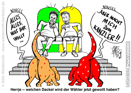 Bundestagswahl; Kanzlerkandidat; Kanzlermehrheit; Koalition; Verhandlung; Habeck; Lindner; Laschet; Scholz; Gruene; FDP; CDU; CSU; SPD; Bewerbung; wag the dog; Karikatur; 2021; cartoon; caricature
