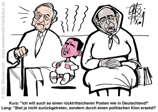 Oesterreich; Bundeskanzler; Kurz; Ruecktritt; Skandal; Soros; Schwab; Young; Gobal; Leader; Klon; Globalismus; DNA; Karikatur; 2021; cartoon; caricature