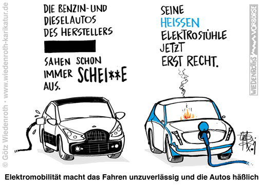 Elektromobilitaet; E-Auto; E-Roller; E-Fahrrad; Akku; Brandgefahr; Design; Formengebung; pseudo; Futurismus; Verkehrswende; Mobilitaetswende; Ideologie; Dogma; Sozialismus; Trabant; langweilig; Karikatur; 2021; cartoon; caricature