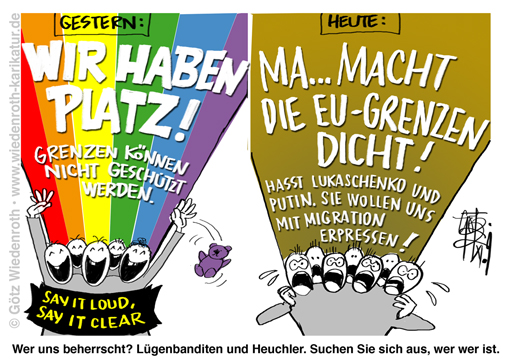 Immigration; Asyl; Asylbetrug; Asylmissbrauch; Rechtsstaat; ausgesetzt; Unrechtsstaat; Buntheit; Vielfalt; Refugees; welcome; wir; haben; platz; Mittelmeerroute; Balkanroute; Voelkerwanderung; Afrika; Nahost; Massenmigration; Umvolkung; Kurswechsel; Weissrussland; Belarus; Russland; Lukaschenko; Putin; Feindbild; Grenzen; schuetzen; Welle; stoppen; Karikatur; 2021; cartoon; caricature