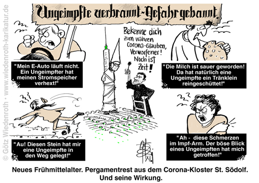 Corona; Pandemie; Propaganda; Agitation; Hass; Hetze; Ungeimpfte; Impfung; Impfdruck; Impfzwang; Impfpflicht; Hysterie; Aberglaube; Schaden; Zauber; Suendenbock; Dummheit; Verfuehrung; Soeder; Scheiterhaufen; Spritze; Nadel; nadeln; Hinrichtung; Hexe; Verbrennung; dunkles; Zeitalter; Fanatismus; Aufwiegelung; Macht; Karikatur; 2021; cartoon; caricature