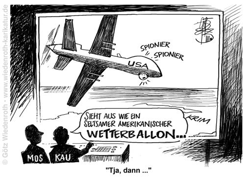 Russland; USA; Drohne; MQ-9; Reaper; Schwarzes; Meer; Absturz; Wetterballon; China; chinesisch; Abschuss; Biden; Karikatur; 2023; cartoon; caricature